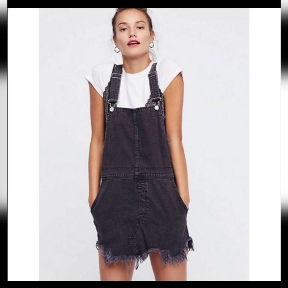 Free People Distressed Denim Overall Skirt in Black - Size 4